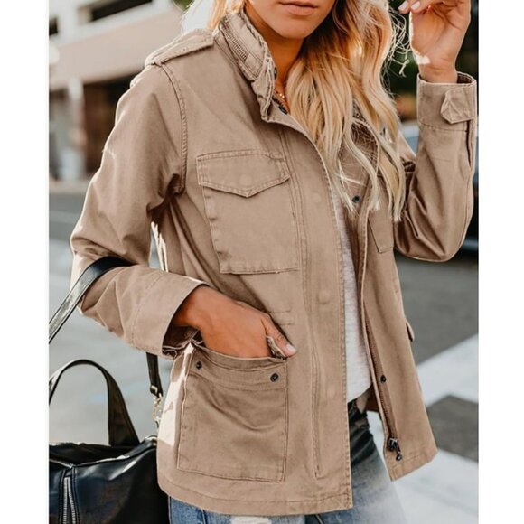 Pepochic Women's Light Khaki Military Style Jacket Snap Buttons Pockets Small - Picture 3 of 12